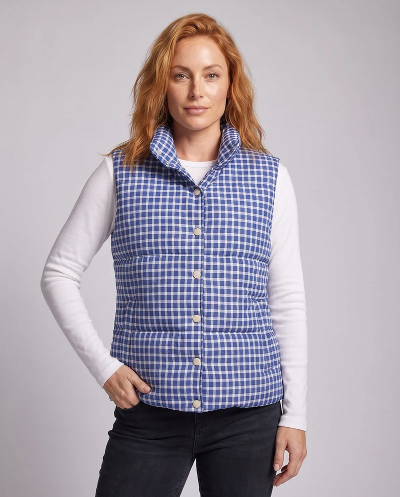 Damen gesteppte Weste mit Karomuster, hohem Stehkragen, Oversized-Schnitt und Druckknopfblende