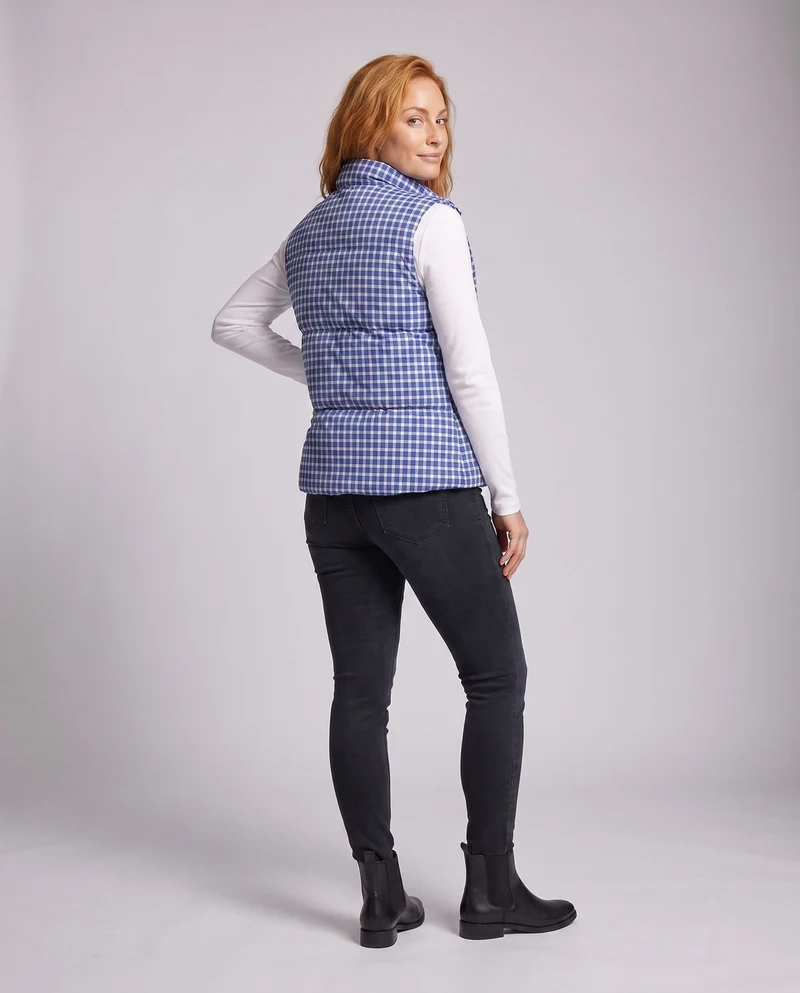 Damen gesteppte Weste mit Karomuster, hohem Stehkragen, Oversized-Schnitt und Druckknopfblende