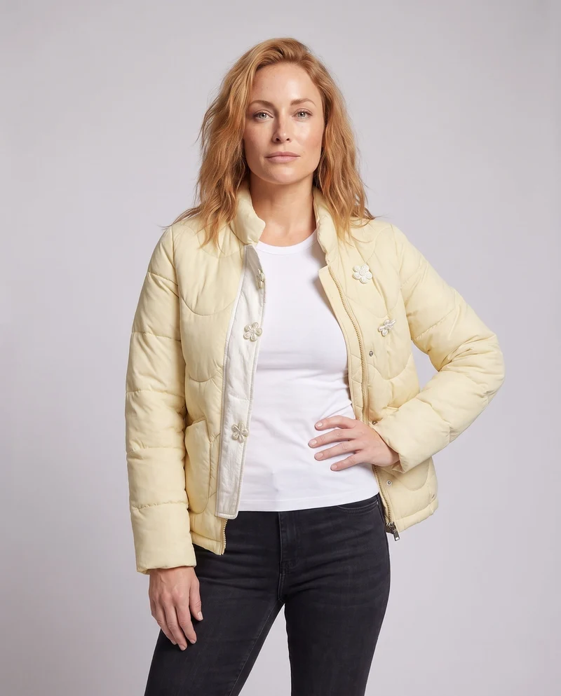 Damen gesteppte Kurzjacke mit Stehkragen, verdecktem Zwei-Wege-Reißverschluss und dekorativen Knotenschließen