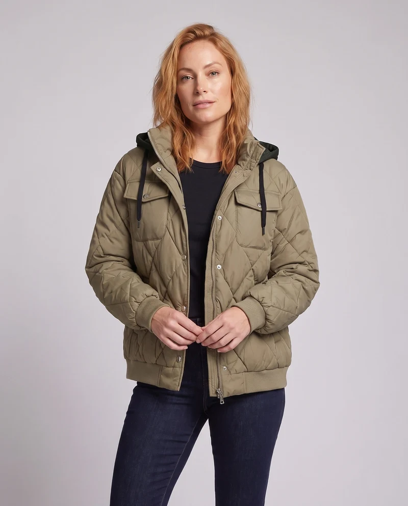 Damen oversized kurze Jacke mit Diamantsteppung, Stehkragen und Klappentaschen