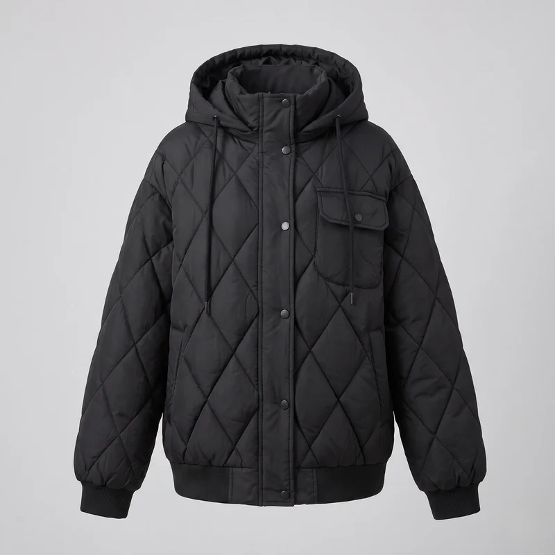 Damen oversized kurze Jacke mit Diamantsteppung, Stehkragen und Klappentaschen