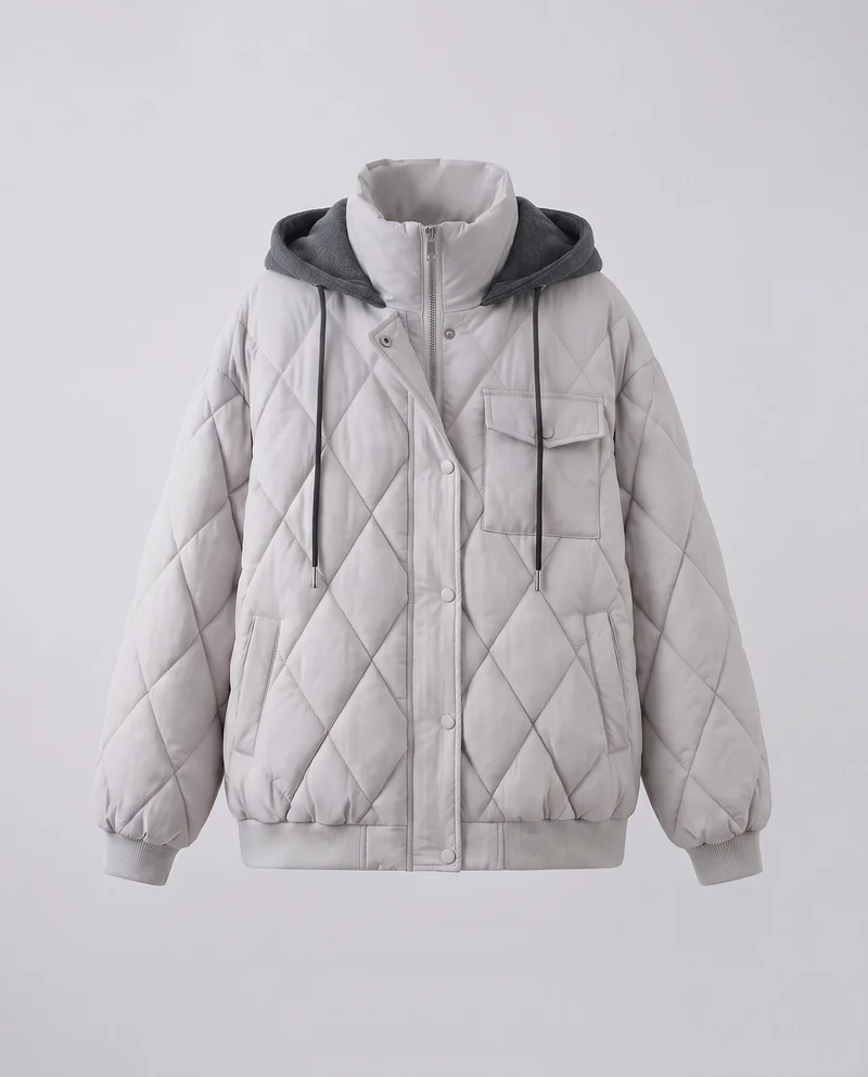 Damen oversized kurze Jacke mit Diamantsteppung, Stehkragen und Klappentaschen