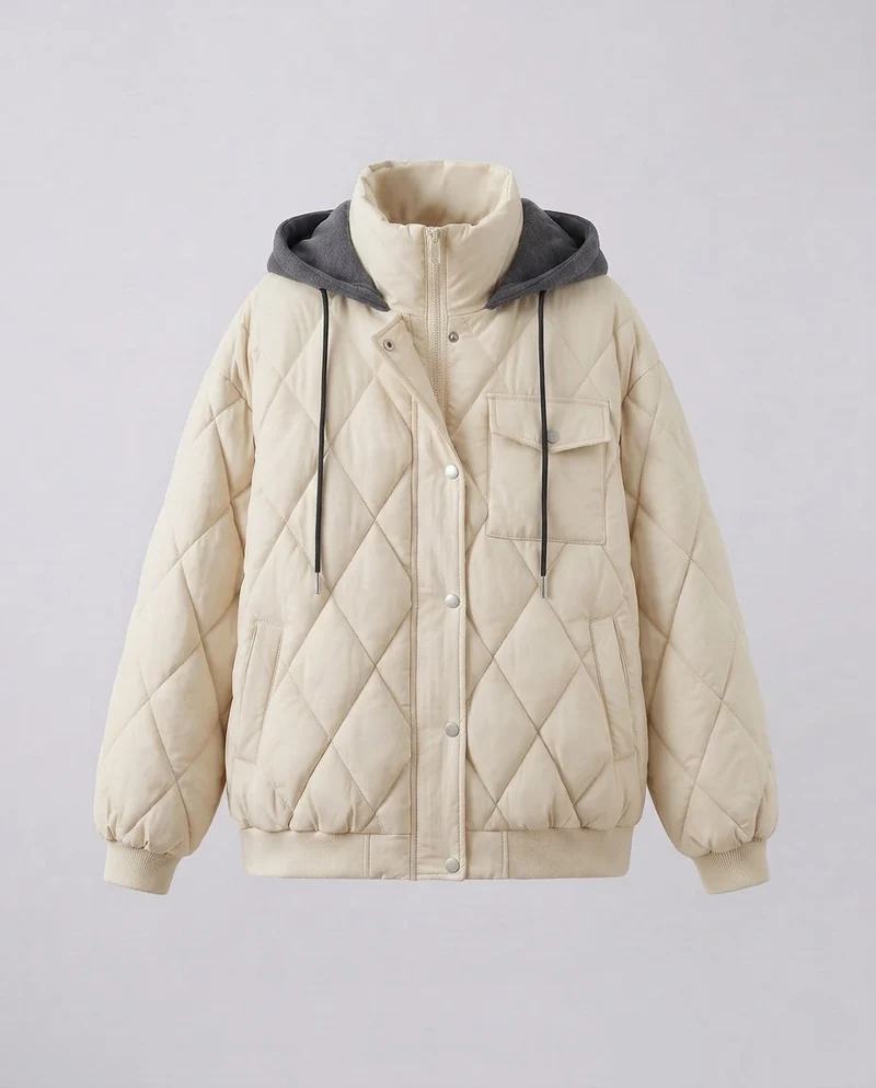 Damen oversized kurze Jacke mit Diamantsteppung, Stehkragen und Klappentaschen