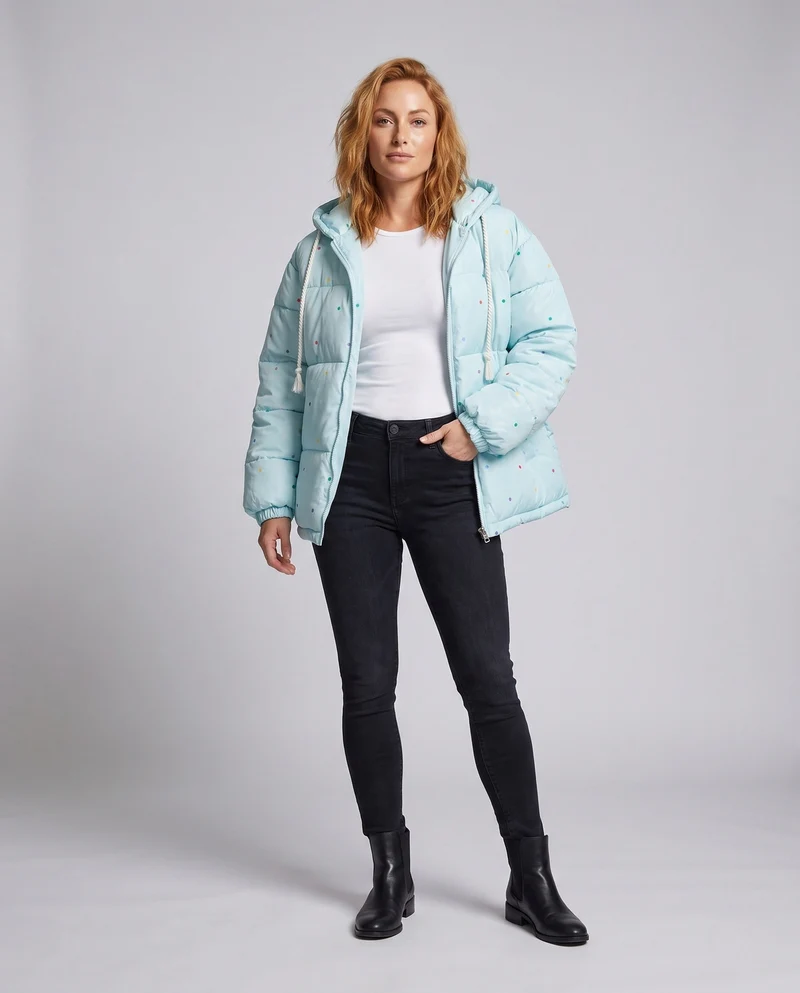 Damen nicht gesteppte oversized Pufferjacke mit bunten Punkt-Applikationen und Kapuze