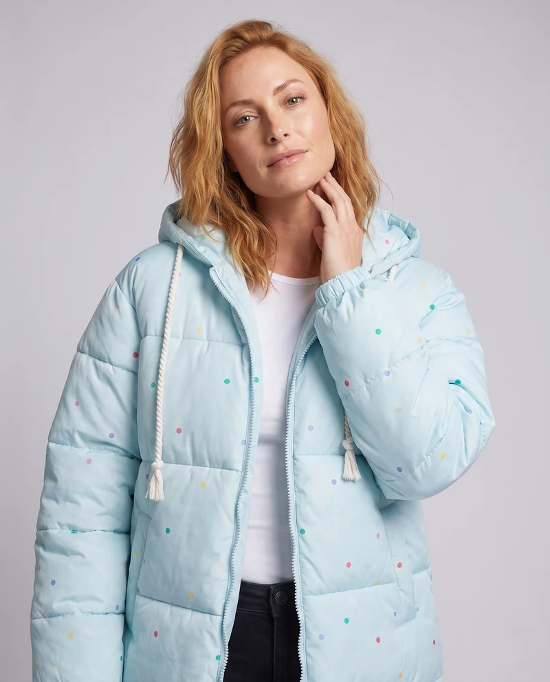 Damen nicht gesteppte oversized Pufferjacke mit bunten Punkt-Applikationen und Kapuze