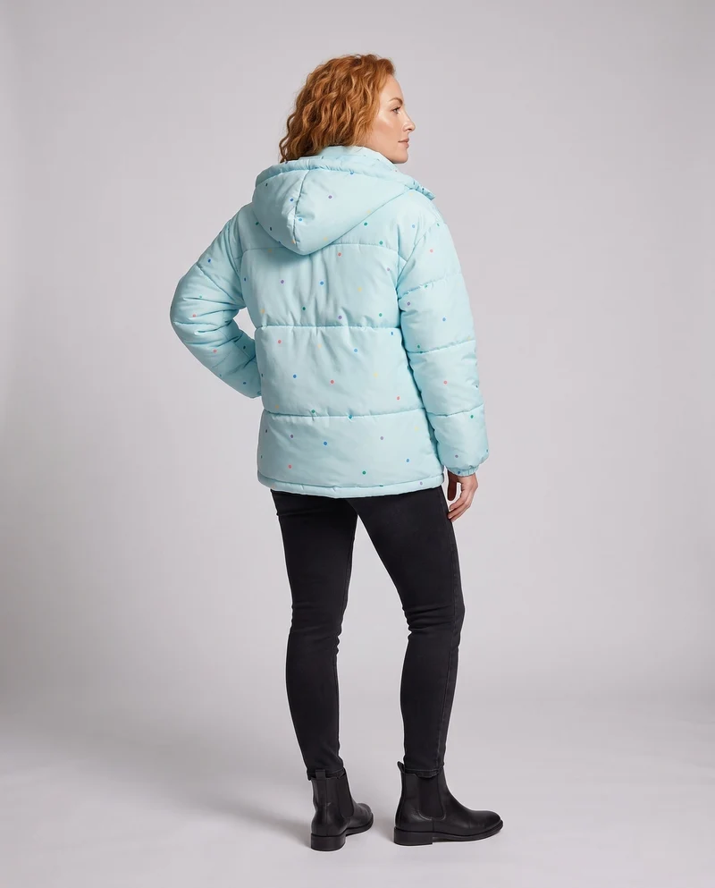 Damen nicht gesteppte oversized Pufferjacke mit bunten Punkt-Applikationen und Kapuze