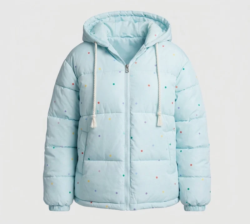 Damen nicht gesteppte oversized Pufferjacke mit bunten Punkt-Applikationen und Kapuze