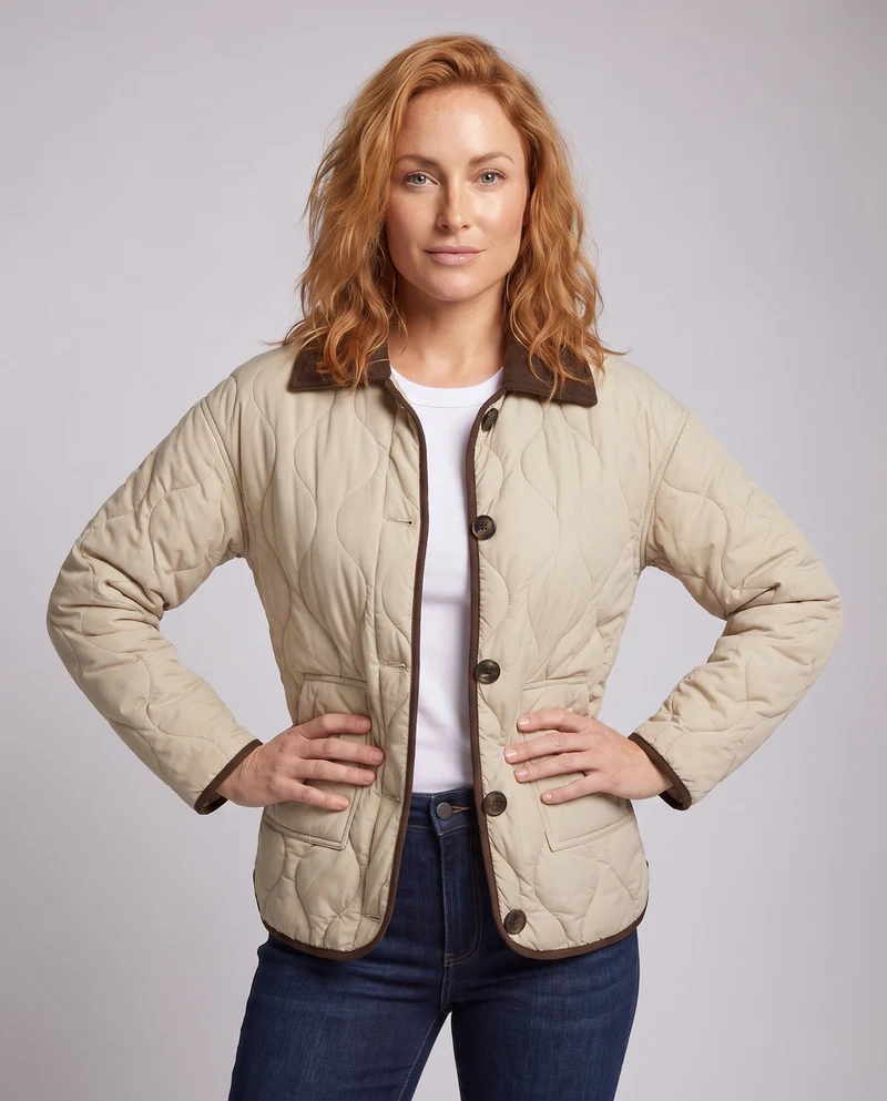 Damen nicht-gefütterte oversized gesteppte Jacke mit kontrastierenden Besätzen, großen Knöpfen und aufgesetzten Taschen