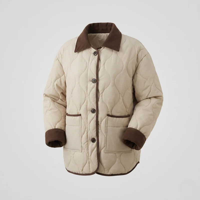 Damen nicht-gefütterte oversized gesteppte Jacke mit kontrastierenden Besätzen, großen Knöpfen und aufgesetzten Taschen