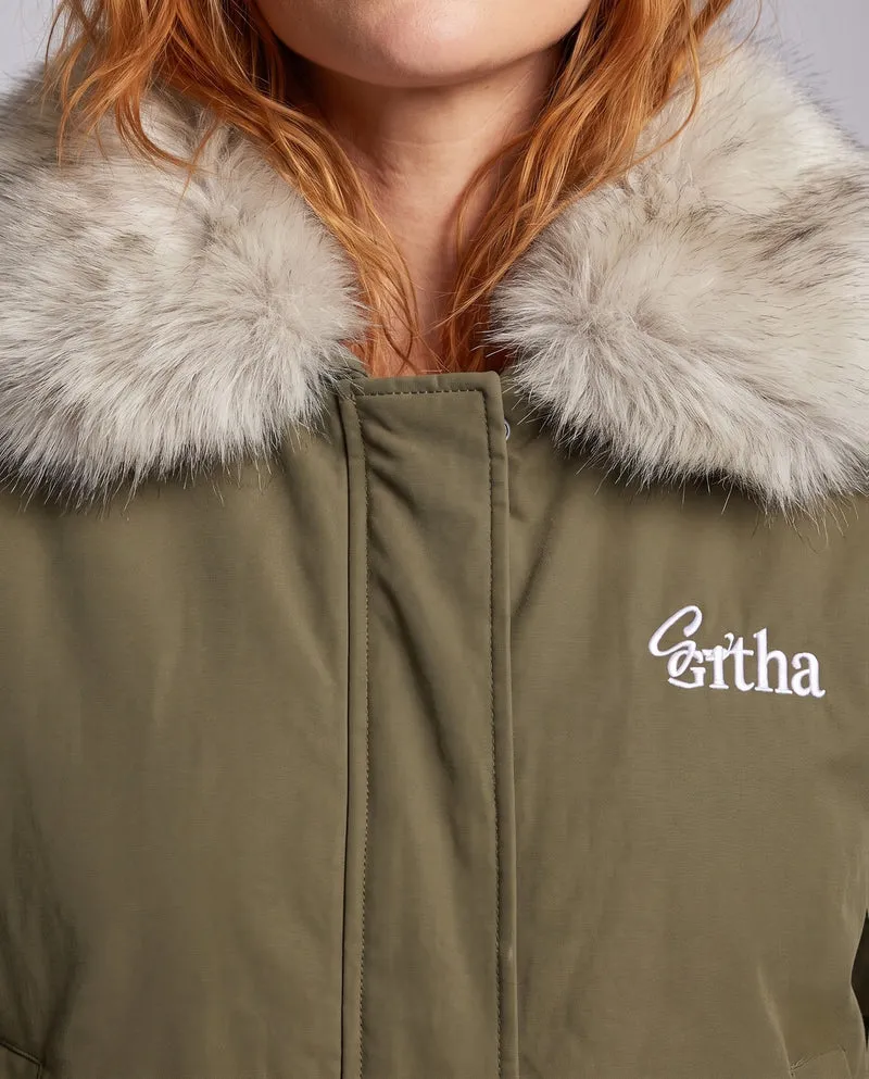 Damen gesteppte Thermo Kapuzenjacke mit abnehmbarem Kunstfellbesatz, verdecktem Reißverschluss und gerippten Bündchen