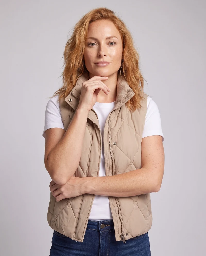 Damen gesteppte Thermoweste mit hohem Kragen, dekorativen Klappen Taschen und verstellbarem Saum