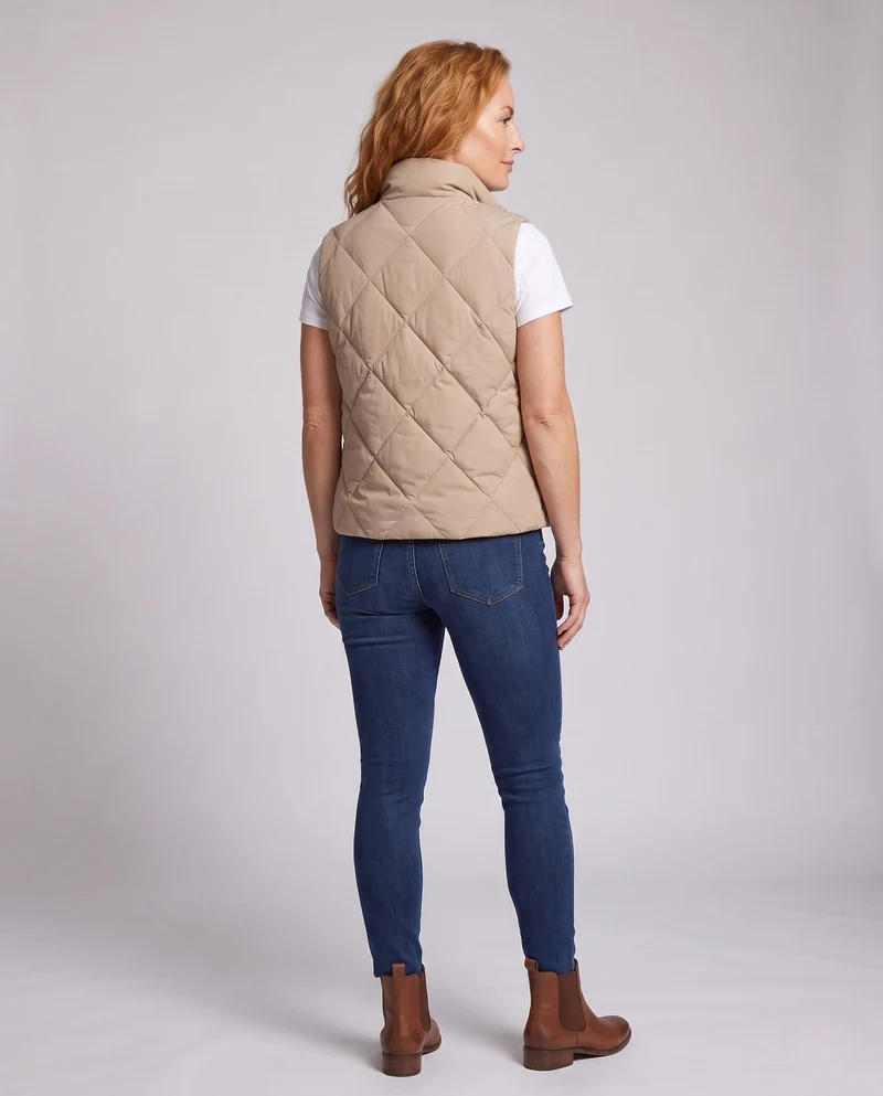 Damen gesteppte Thermoweste mit hohem Kragen, dekorativen Klappen Taschen und verstellbarem Saum