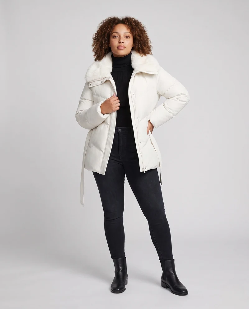 Damen gesteppte Winterjacke mit tailliertem Gürtel und abnehmbarer Kunstfellkapuze