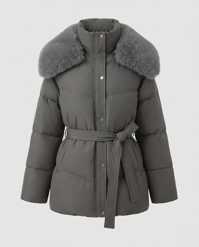 Damen gesteppte Winterjacke mit tailliertem Gürtel und abnehmbarer Kunstfellkapuze