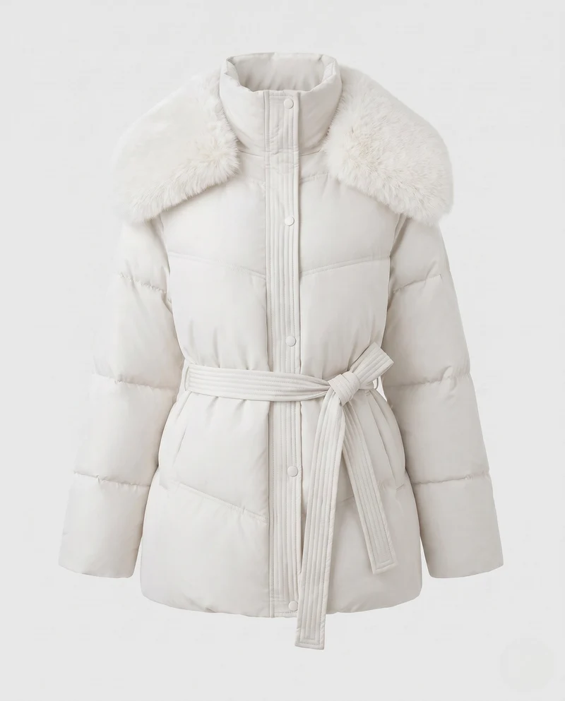 Damen gesteppte Winterjacke mit tailliertem Gürtel und abnehmbarer Kunstfellkapuze