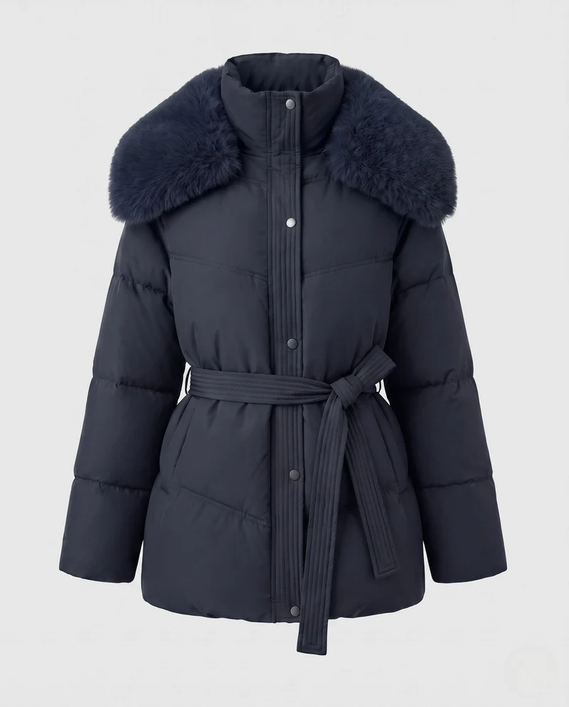 Damen gesteppte Winterjacke mit tailliertem Gürtel und abnehmbarer Kunstfellkapuze