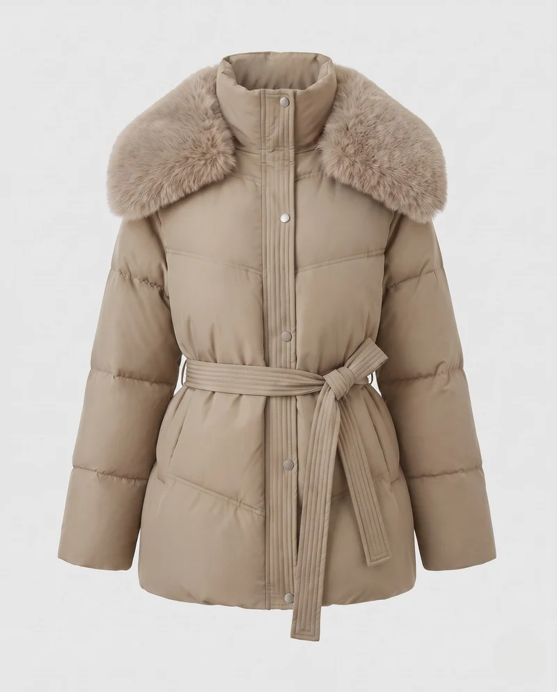 Damen gesteppte Winterjacke mit tailliertem Gürtel und abnehmbarer Kunstfellkapuze