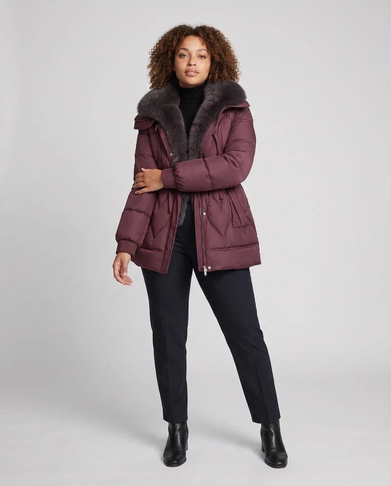 Damen gepolsterte Parka mit voluminösem, abnehmbarem Kragen und Taillenzugband