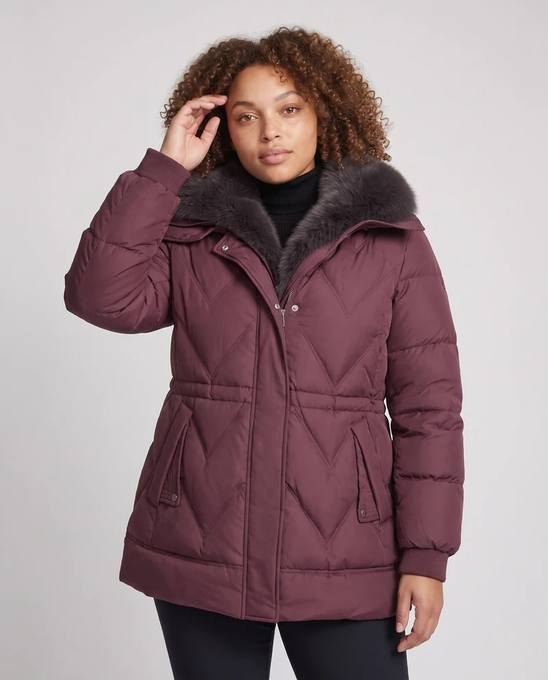 Damen gepolsterte Parka mit voluminösem, abnehmbarem Kragen und Taillenzugband