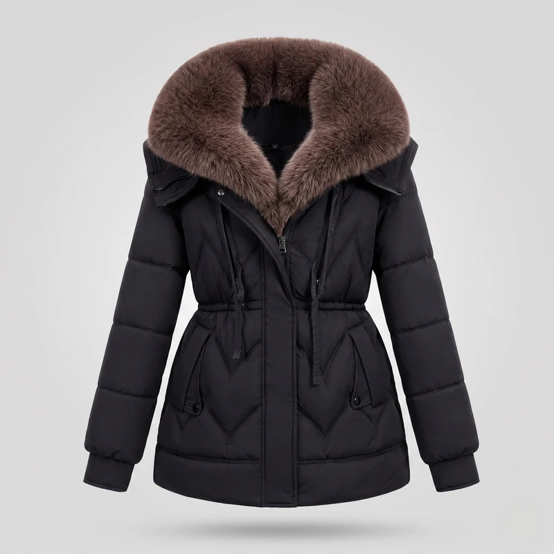 Damen gepolsterte Parka mit voluminösem, abnehmbarem Kragen und Taillenzugband