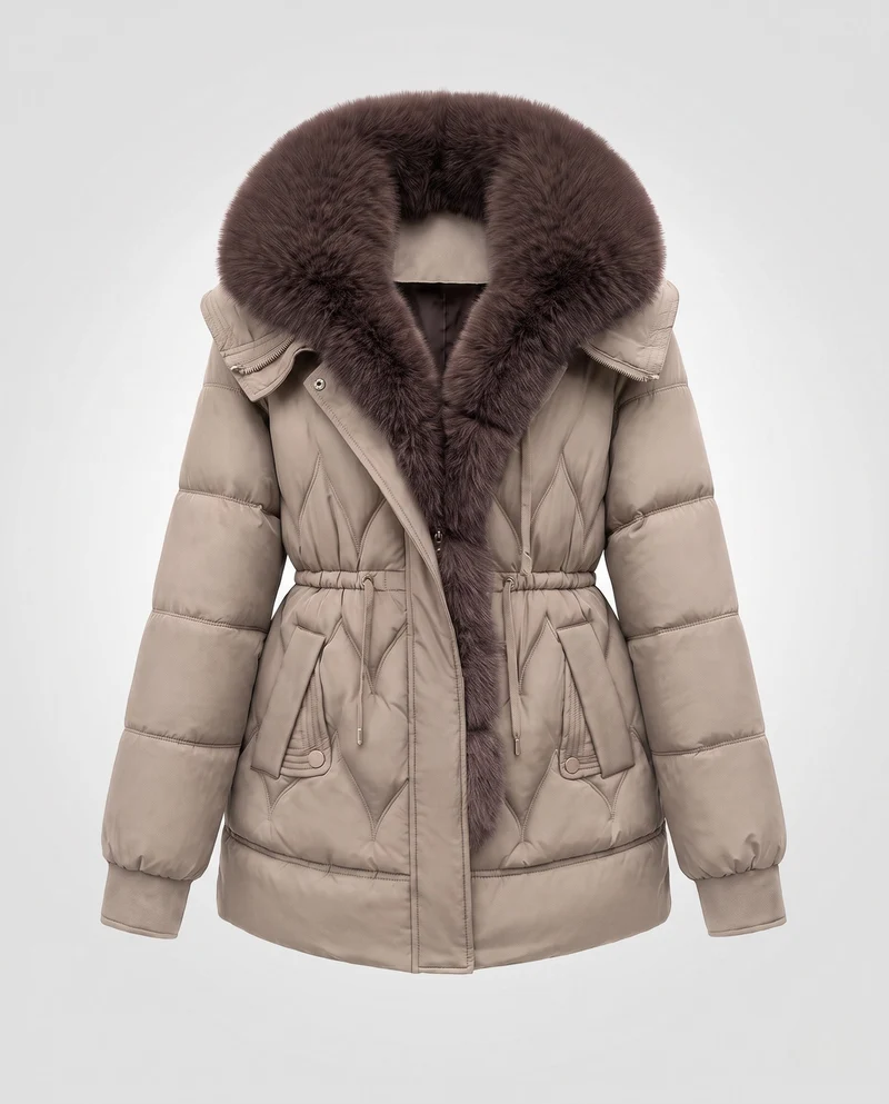 Damen gepolsterte Parka mit voluminösem, abnehmbarem Kragen und Taillenzugband