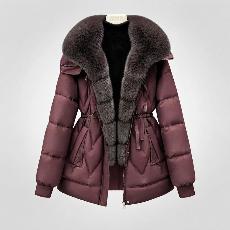 Damen gepolsterte Parka mit voluminösem, abnehmbarem Kragen und Taillenzugband