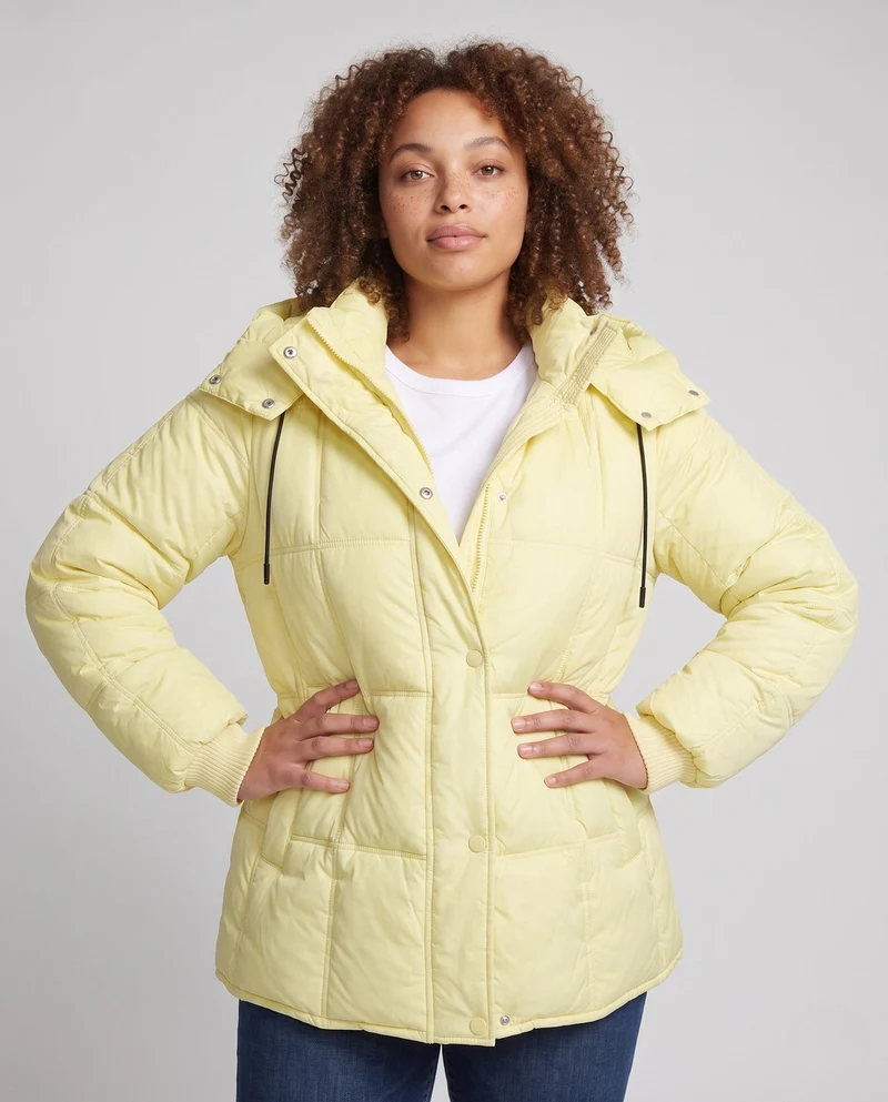 Damen glänzende gesteppte Jacke mit integrierter Kapuze, Zwei-Wege-Reißverschluss und Wärmeisolierung