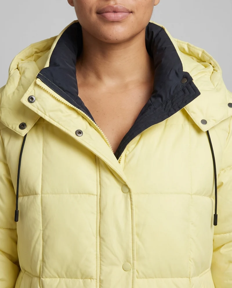 Damen glänzende gesteppte Jacke mit integrierter Kapuze, Zwei-Wege-Reißverschluss und Wärmeisolierung