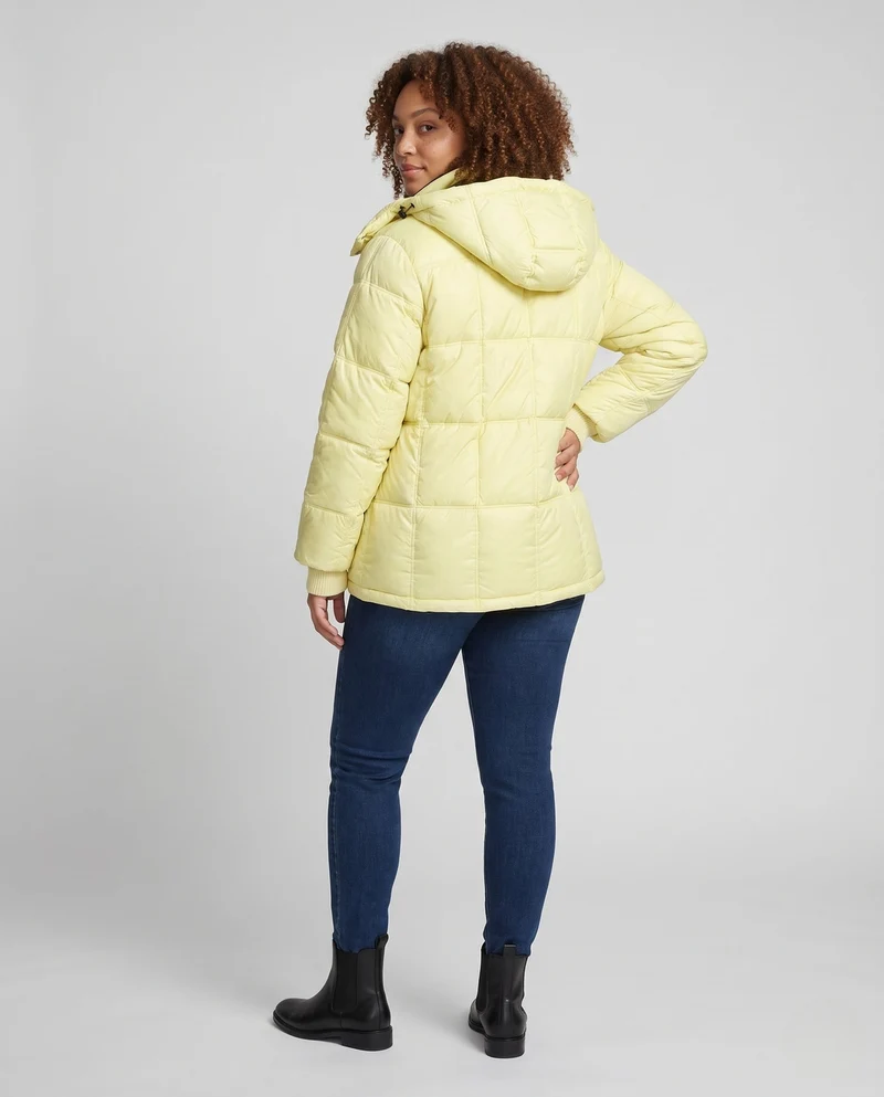 Damen glänzende gesteppte Jacke mit integrierter Kapuze, Zwei-Wege-Reißverschluss und Wärmeisolierung