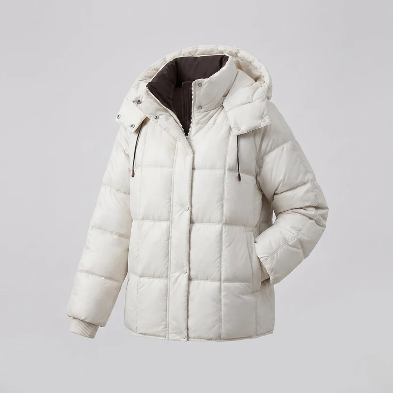 Damen glänzende gesteppte Jacke mit integrierter Kapuze, Zwei-Wege-Reißverschluss und Wärmeisolierung