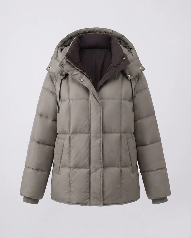 Damen glänzende gesteppte Jacke mit integrierter Kapuze, Zwei-Wege-Reißverschluss und Wärmeisolierung