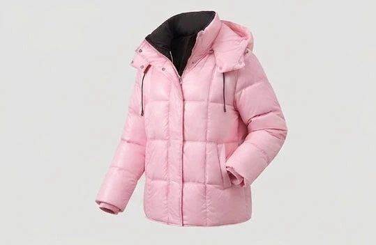 Damen glänzende gesteppte Jacke mit integrierter Kapuze, Zwei-Wege-Reißverschluss und Wärmeisolierung