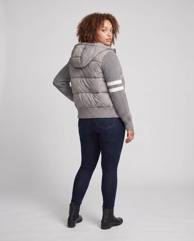Damen Nan Hybrid Steppjacke mit gepolsterter Vorderseite, gestrickten Ärmeln und Kapuze