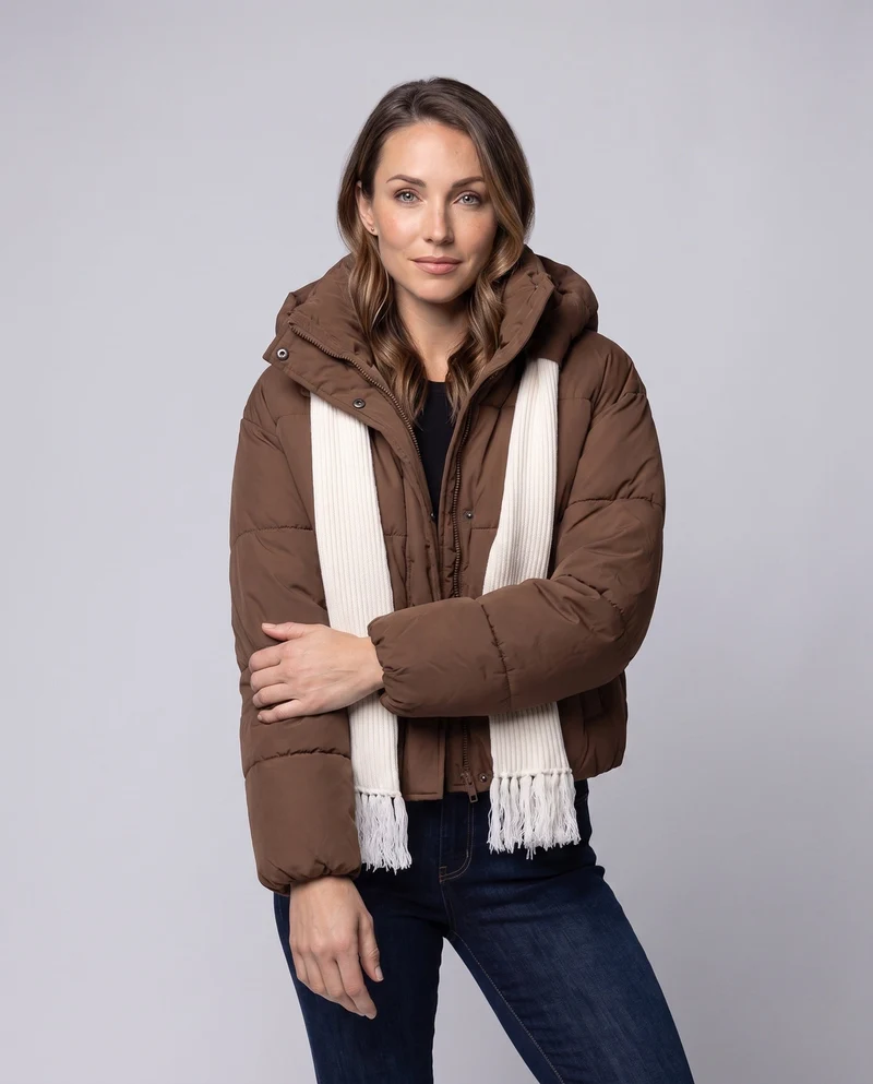 Damen kompakte gesteppte Jacke mit überlappendem Schal-Kragen und voluminösen Ärmeln