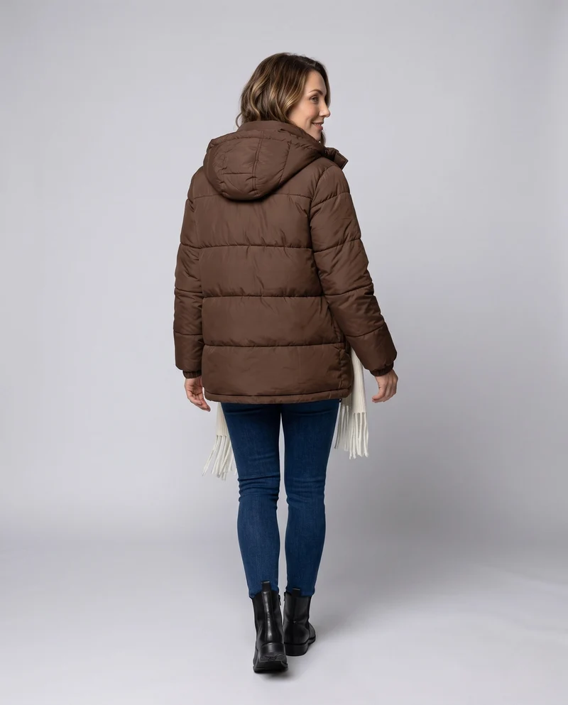 Damen kompakte gesteppte Jacke mit überlappendem Schal-Kragen und voluminösen Ärmeln