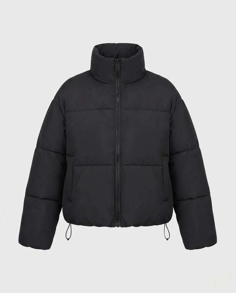 Damen Nano-Kompakt-Thermo-Cropped-Puffer-Jacke mit matter Oberfläche, Kapuze und verdecktem Zwei-Wege-Reißverschluss