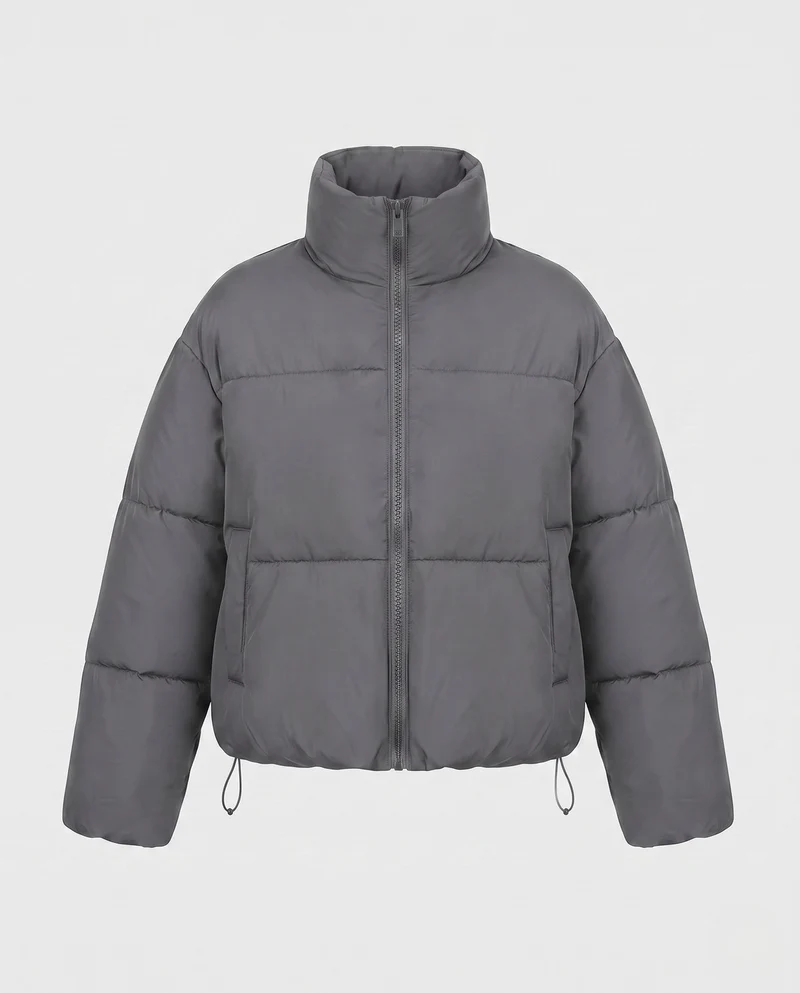 Damen Nano-Kompakt-Thermo-Cropped-Puffer-Jacke mit matter Oberfläche, Kapuze und verdecktem Zwei-Wege-Reißverschluss