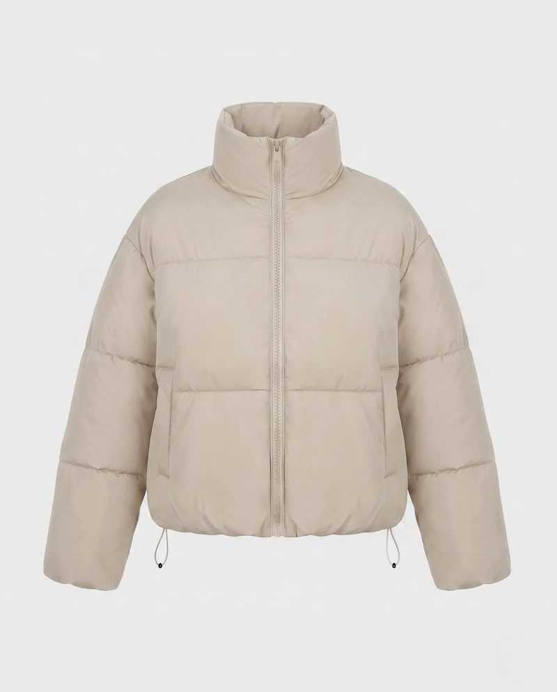 Damen Nano-Kompakt-Thermo-Cropped-Puffer-Jacke mit matter Oberfläche, Kapuze und verdecktem Zwei-Wege-Reißverschluss
