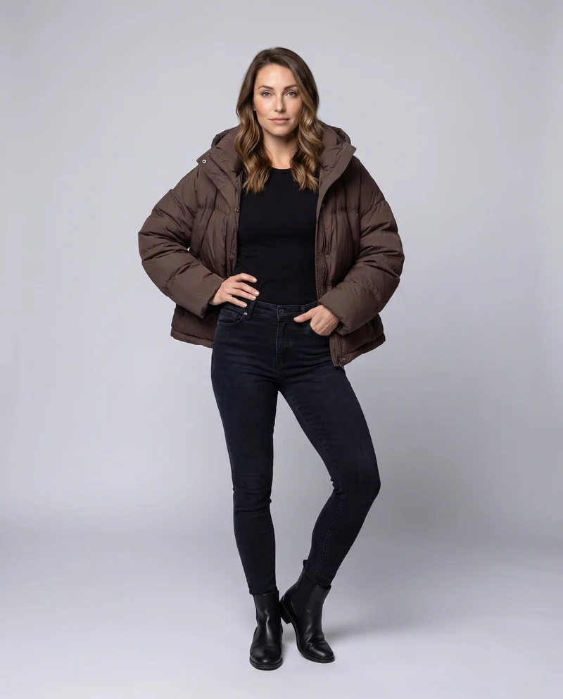 Damen kompakte gesteppte Jacke mit zusätzlicher voluminöser Kapuze und verdeckter Druckknopfblende