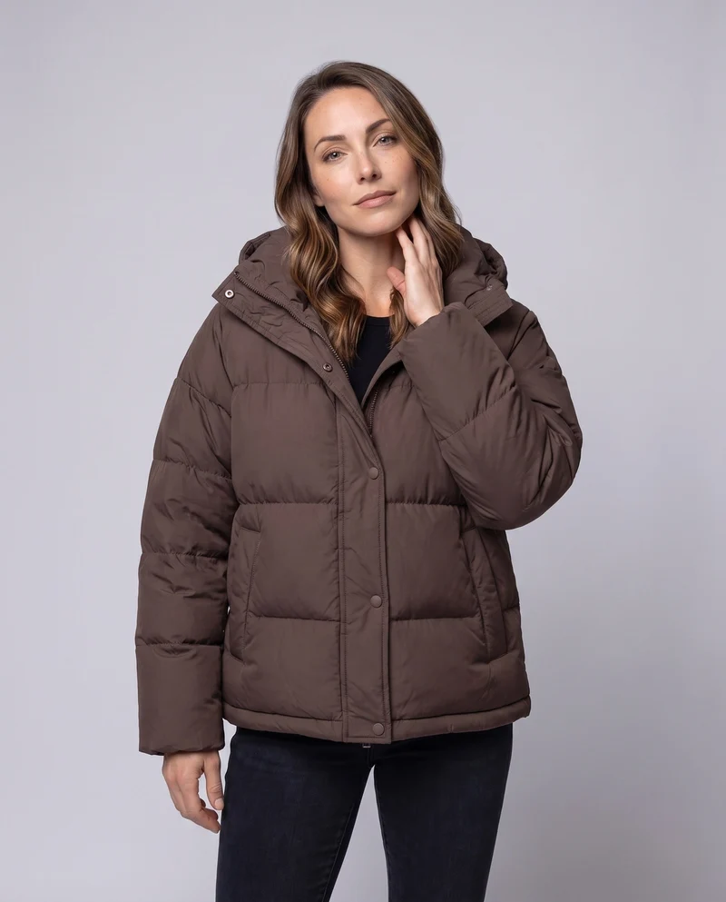 Damen kompakte gesteppte Jacke mit zusätzlicher voluminöser Kapuze und verdeckter Druckknopfblende
