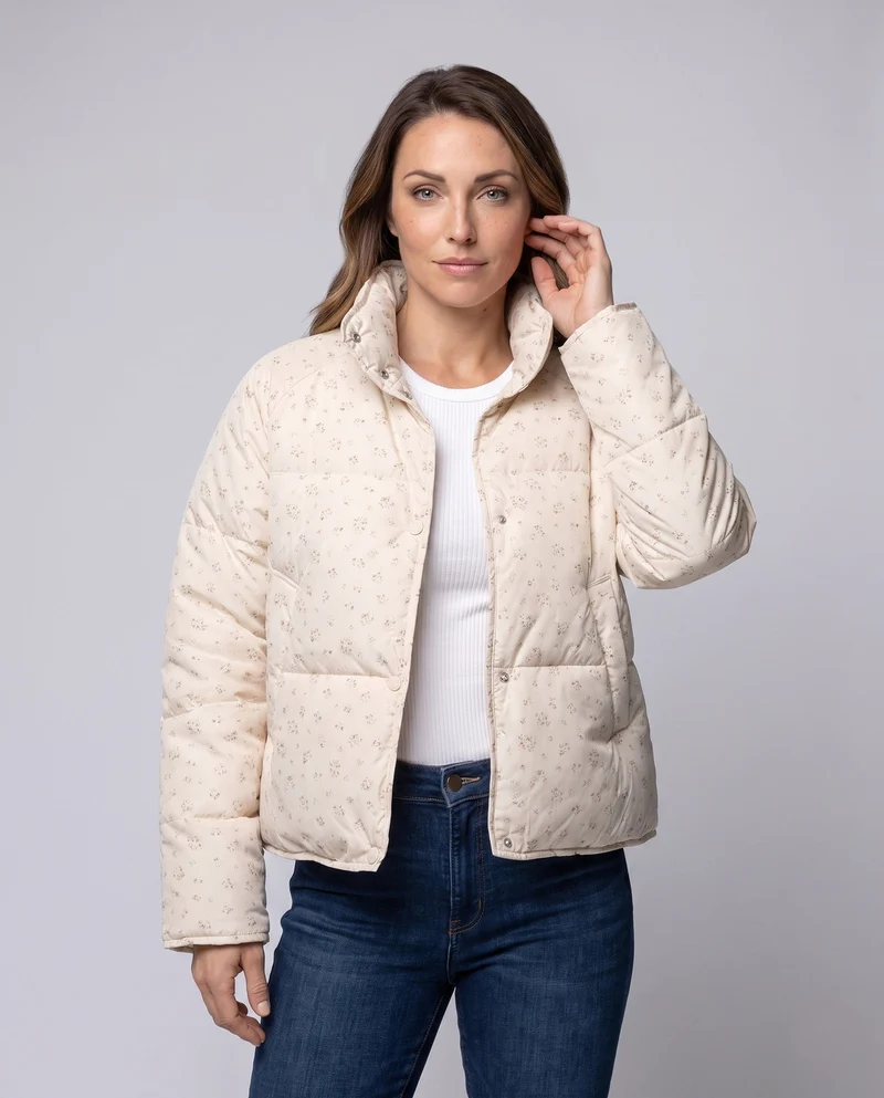 Damen kurz geschnittene gepolsterte Blumenjacke mit übergroßer Silhouette, hohem Kragen und verborgenem Reißverschluss