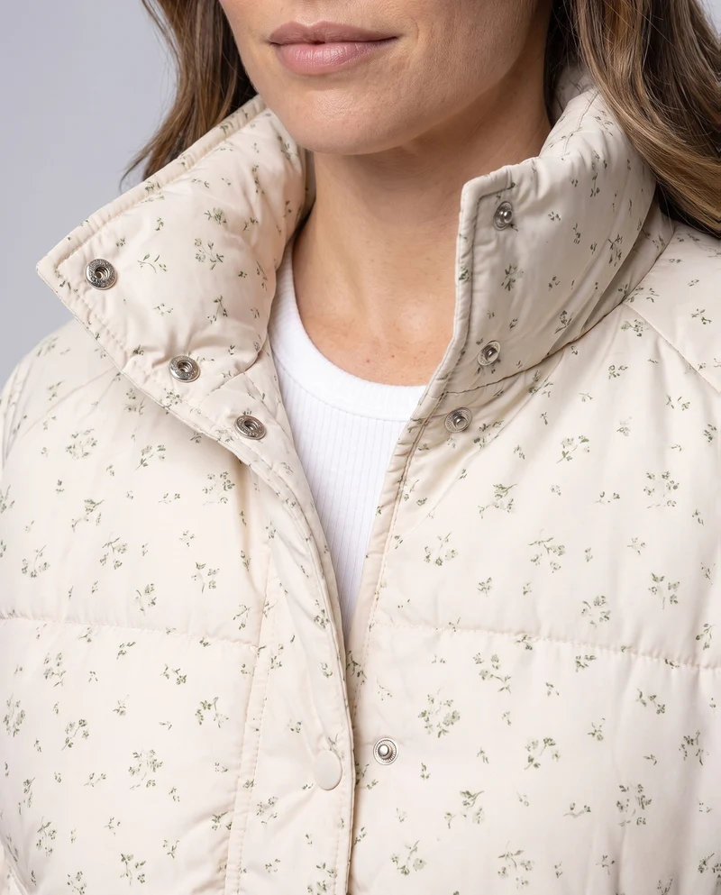 Damen kurz geschnittene gepolsterte Blumenjacke mit übergroßer Silhouette, hohem Kragen und verborgenem Reißverschluss