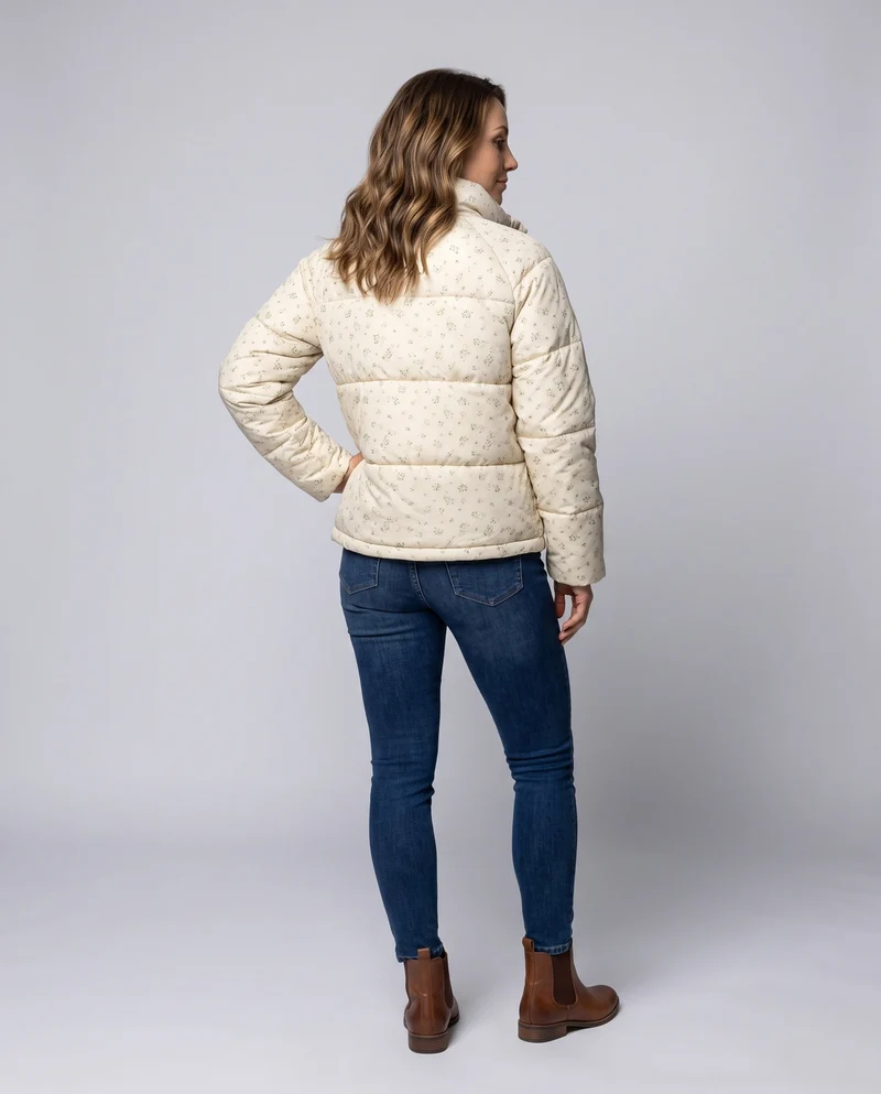 Damen kurz geschnittene gepolsterte Blumenjacke mit übergroßer Silhouette, hohem Kragen und verborgenem Reißverschluss