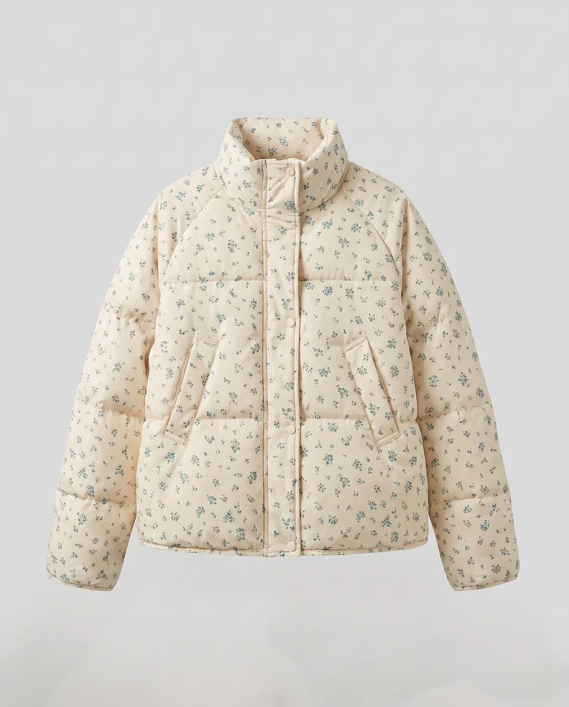 Damen kurz geschnittene gepolsterte Blumenjacke mit übergroßer Silhouette, hohem Kragen und verborgenem Reißverschluss