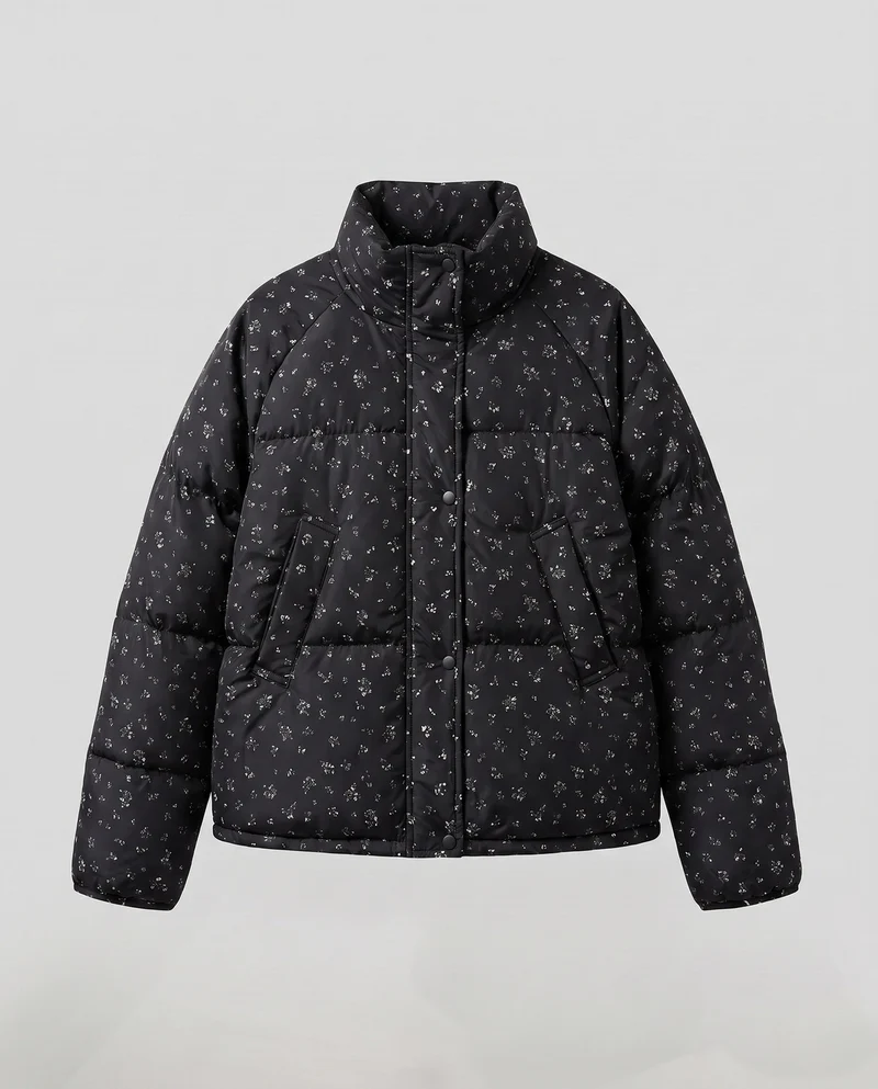 Damen kurz geschnittene gepolsterte Blumenjacke mit übergroßer Silhouette, hohem Kragen und verborgenem Reißverschluss