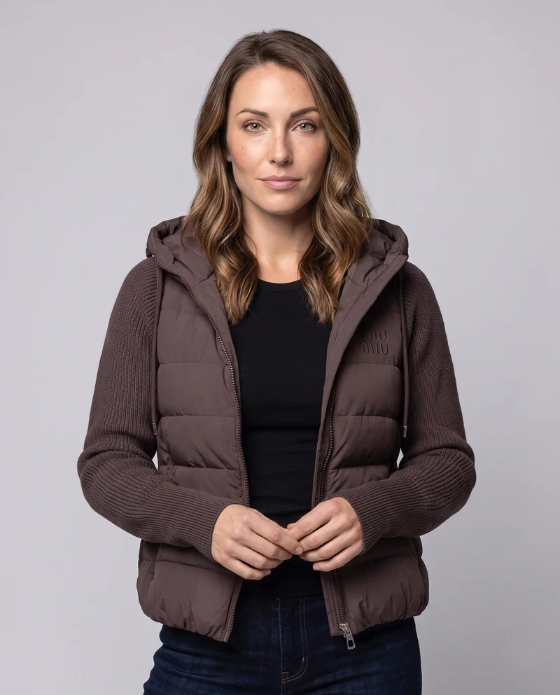 Damen kurz geschnittene gesteppte Hybridjacke mit Strickärmeln und Kapuze