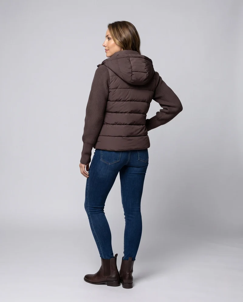 Damen kurz geschnittene gesteppte Hybridjacke mit Strickärmeln und Kapuze