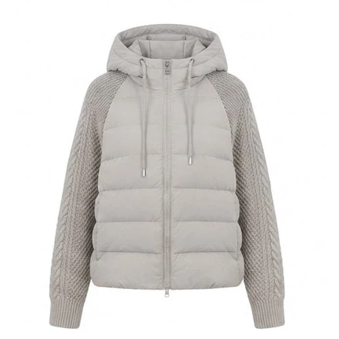 Damen kurz geschnittene gesteppte Hybridjacke mit Strickärmeln und Kapuze
