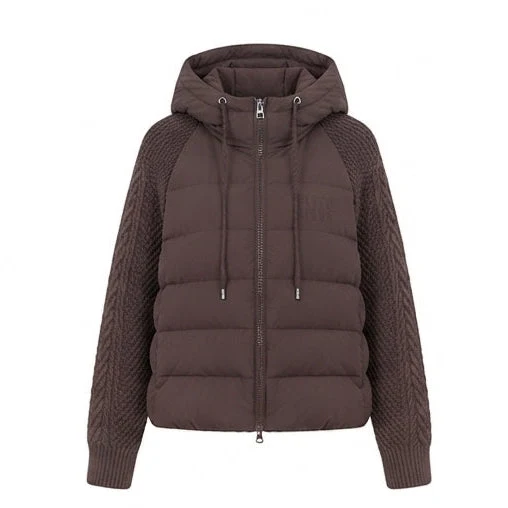 Damen kurz geschnittene gesteppte Hybridjacke mit Strickärmeln und Kapuze