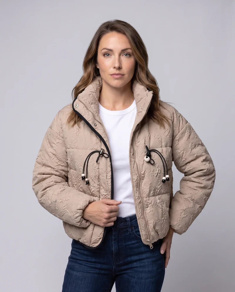 Damen kurze gesteppte Pufferjacke mit hohem Stehkragen, strukturierter Optik und dekorativen Kordeln